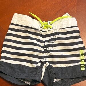 OshKosh B'gosh Black & White Striped Swim Shorts with Neon Yellow Drawstring